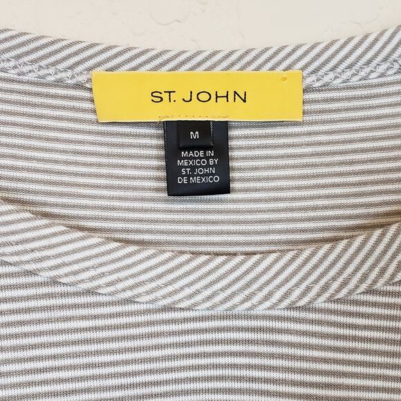 St. John Gray White Mini Striped 3/4 Sleeves Top Women's Medium - Picture 7 of 9